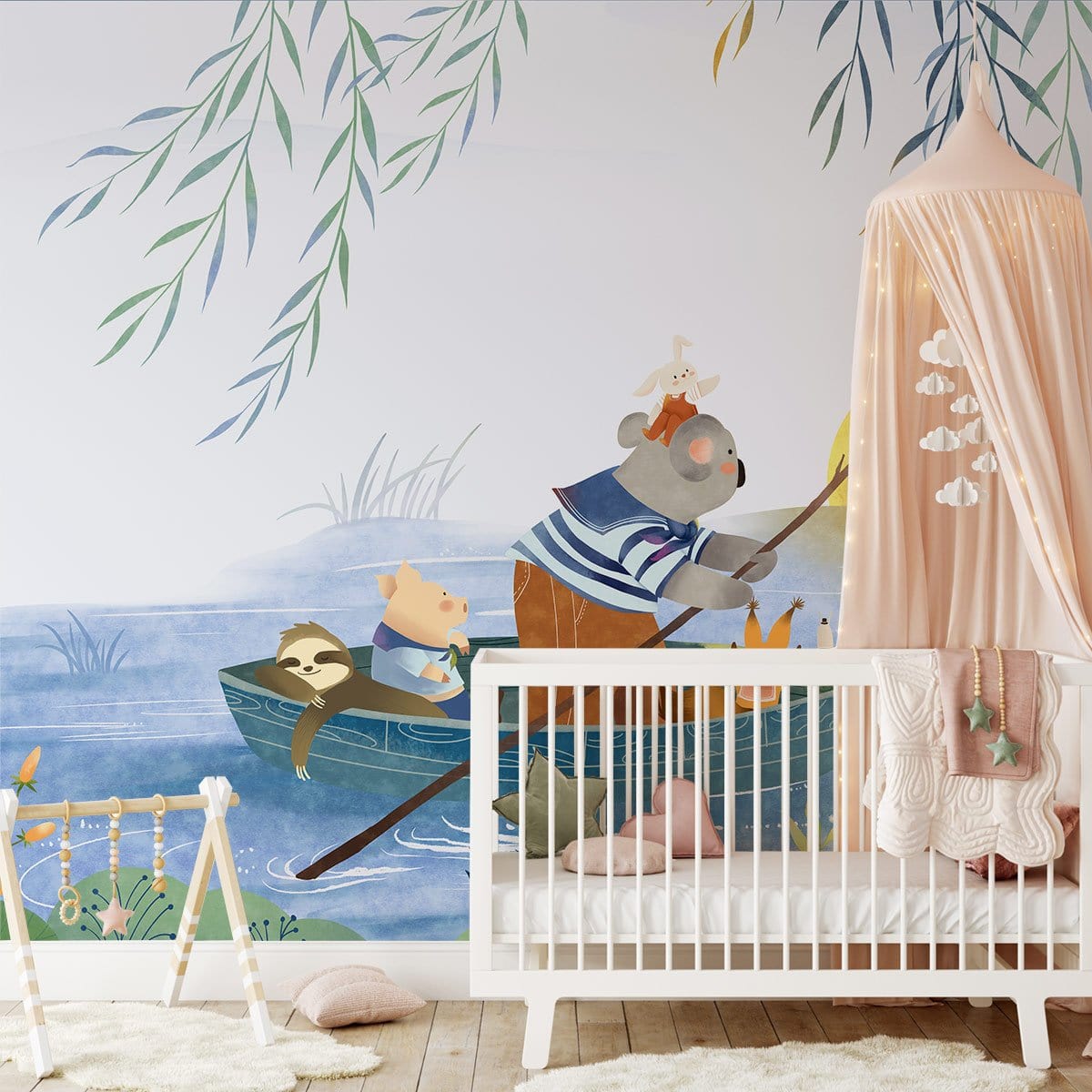 Dreamy Woodland Adventure Kids' mural wallpaper, nursery setting, white crib, pastel decor, wood flooring.