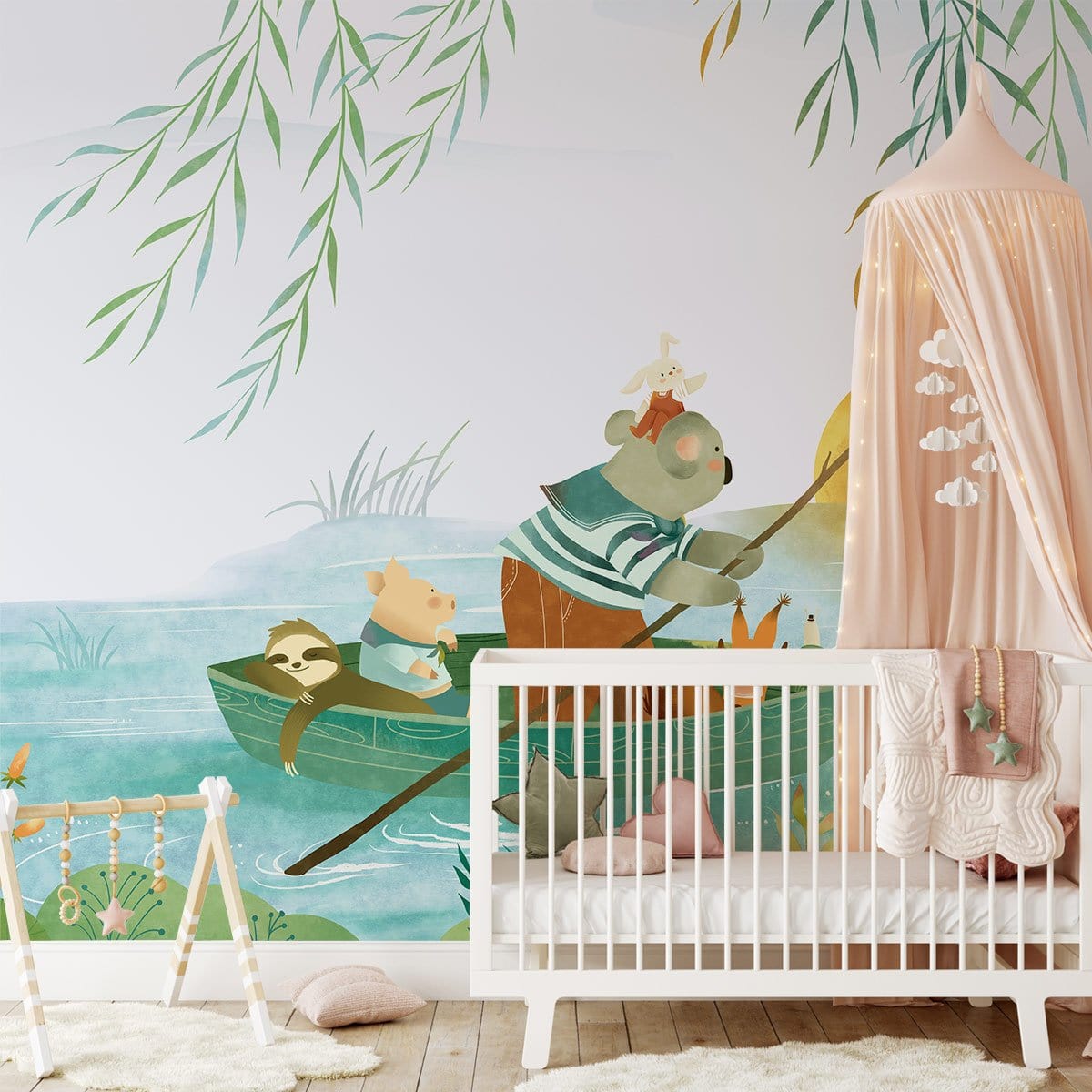 Whimsical woodland animals mural in nursery; pastel green, crib, canopy, light wood flooring, playful decor.
