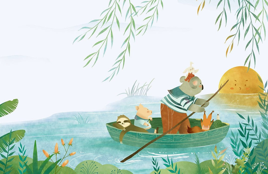 Whimsical Woodland Animal Adventure Mural Wallpaper - Pastel Green Nursery Décor