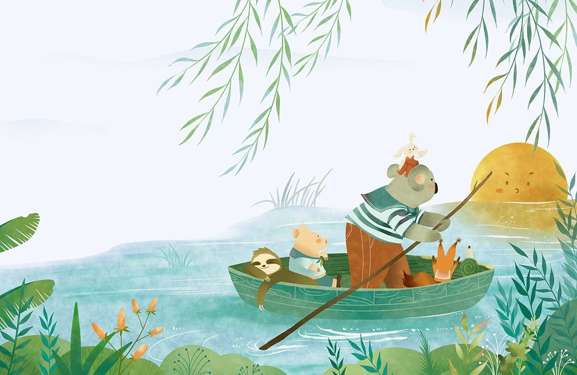 Whimsical Woodland Animal Adventure Mural Wallpaper - Pastel Green Nursery Décor