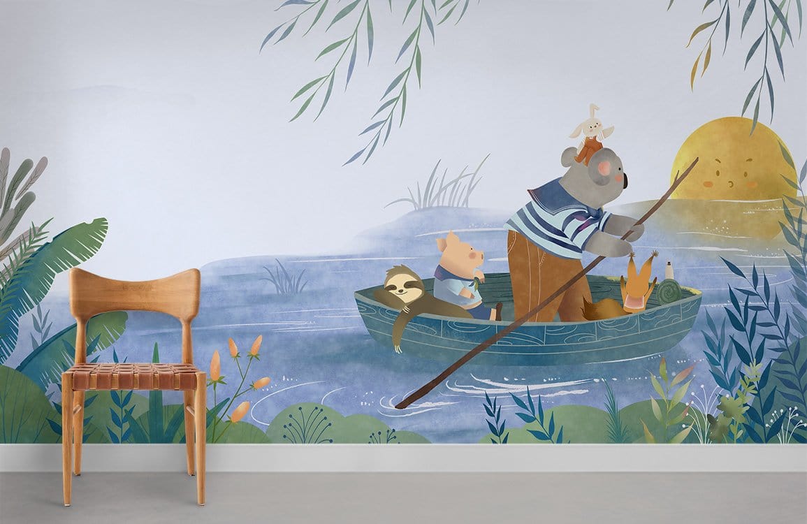 Dreamy Woodland Adventure Kids' Mural Wallpaper in pastel, wooden chair, grey flooring, children's bedroom decor.