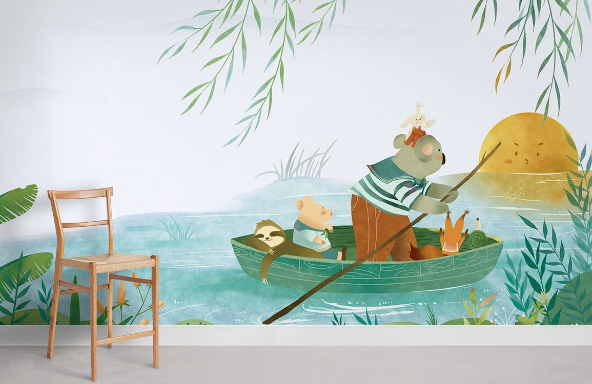 Pastel green nursery wallpaper featuring whimsical woodland animals, wooden chair, grey flooring, scenic decor.