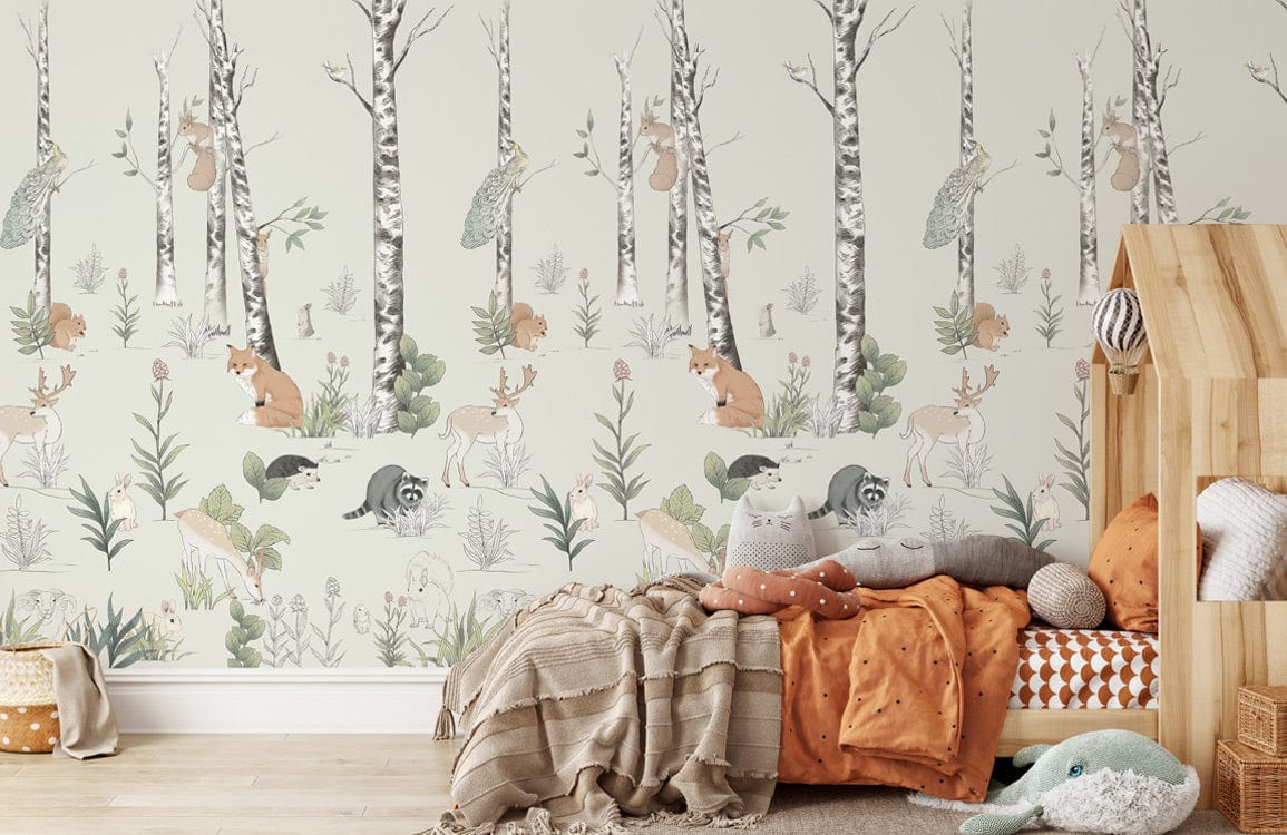 Children's room with pastel woodland mural, light wood floor, and playful cushions, complementing cosy decor.