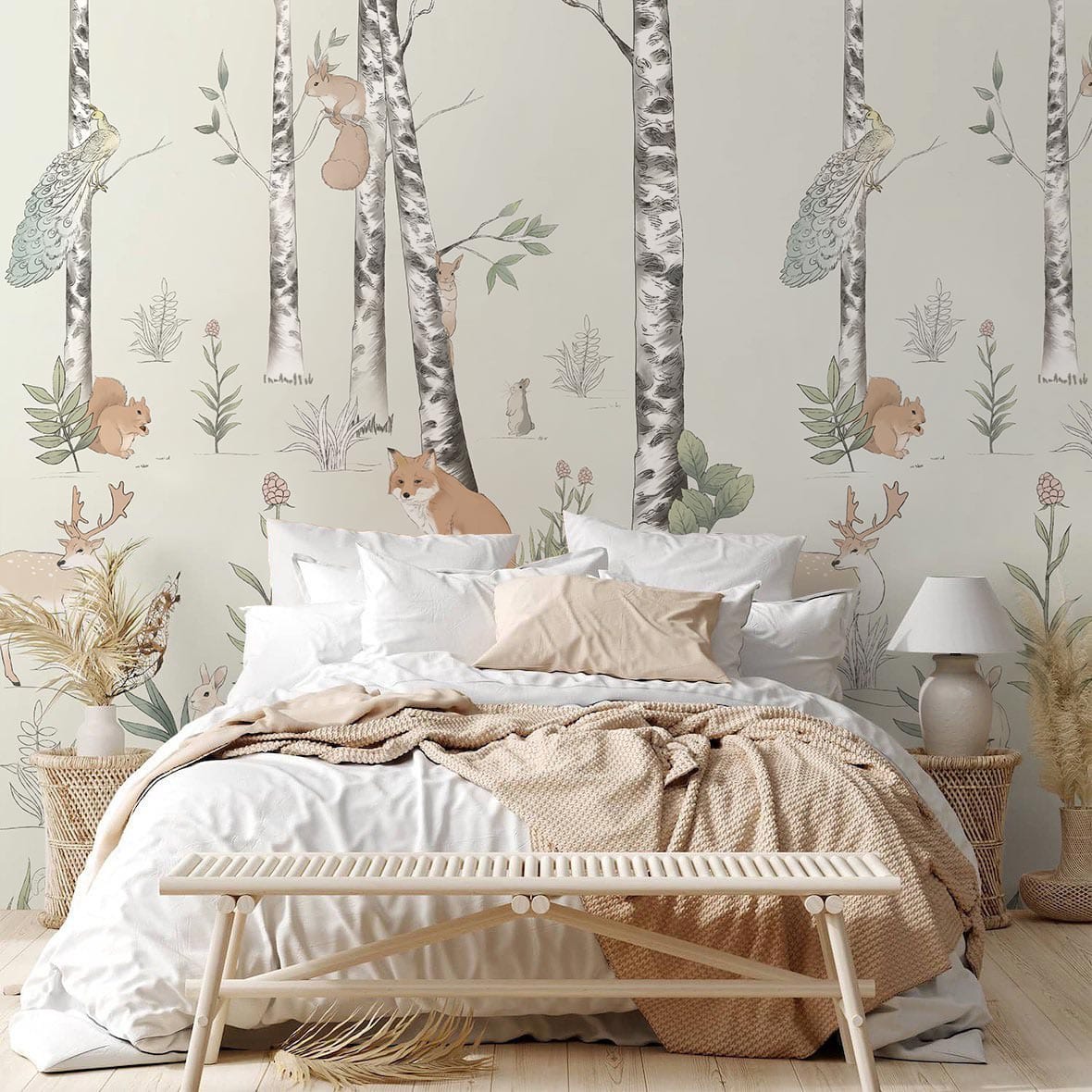 Enchanted Woodland Creatures Pastel Wall Mural for Kids' Rooms Décor