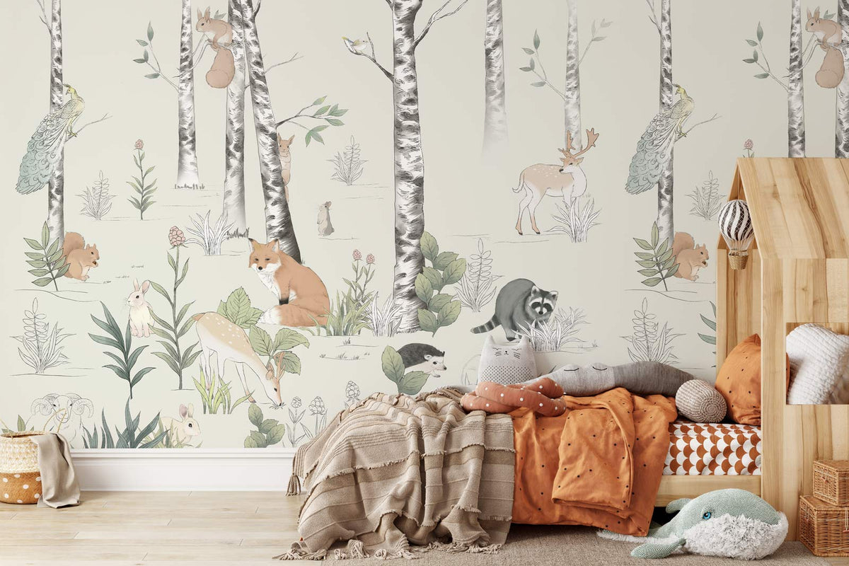 Enchanted Woodland Creatures mural wallpaper, pastel forest theme, child's room with wooden bed, soft furnishings.