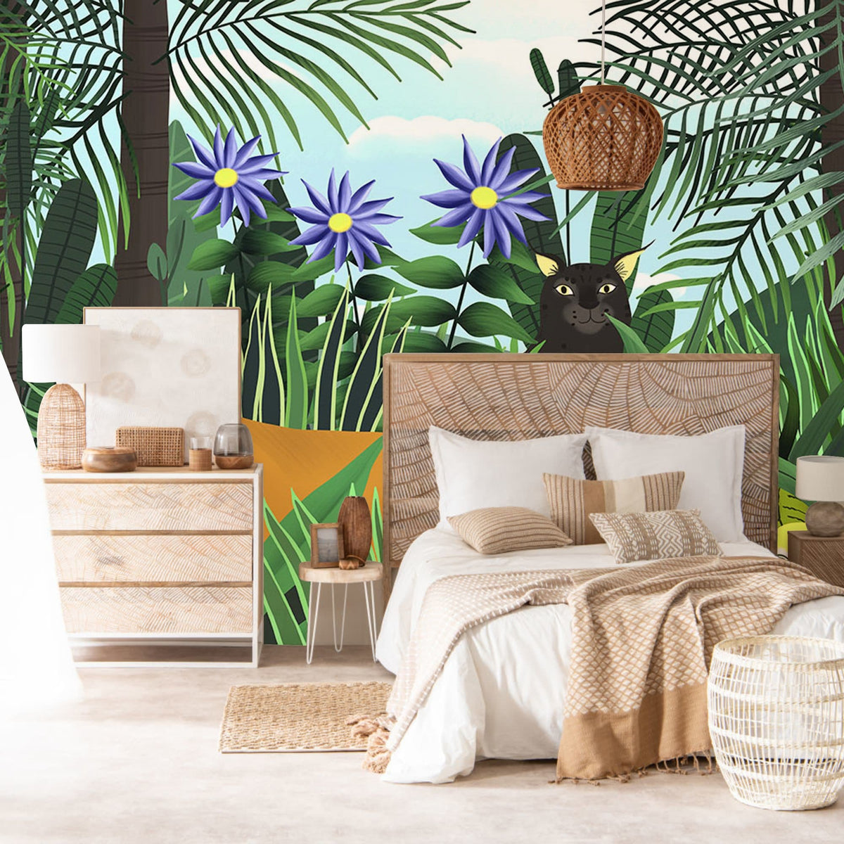 Exotic Jungle Safari mural in bedroom with woven bed, rattan lampshade, dresser, and neutral flooring.