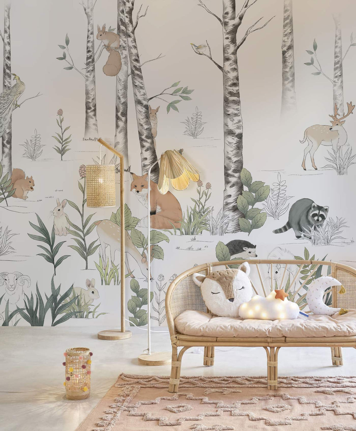 Whimsical woodland creatures mural wallpaper, soft pastels, rattan sofa, neutral rug, wooden flooring, nursery.