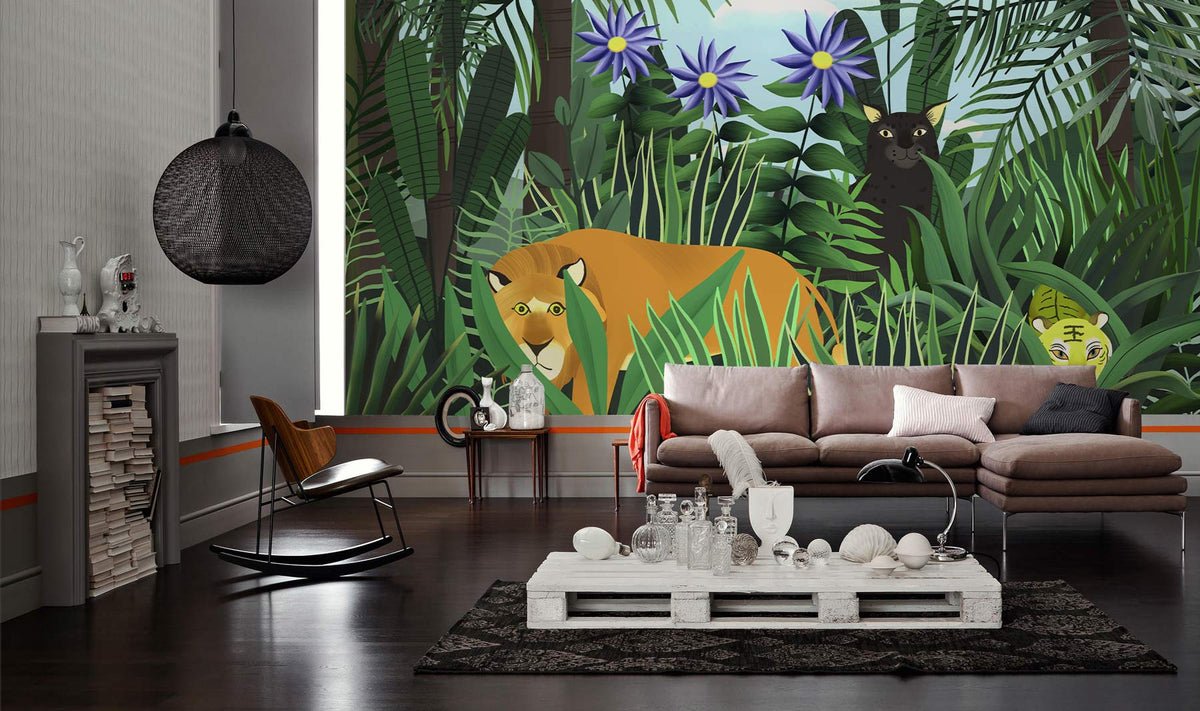 Exotic jungle mural wallpaper with vibrant animals, grey sofa, wooden rocking chair, dark wood floor.