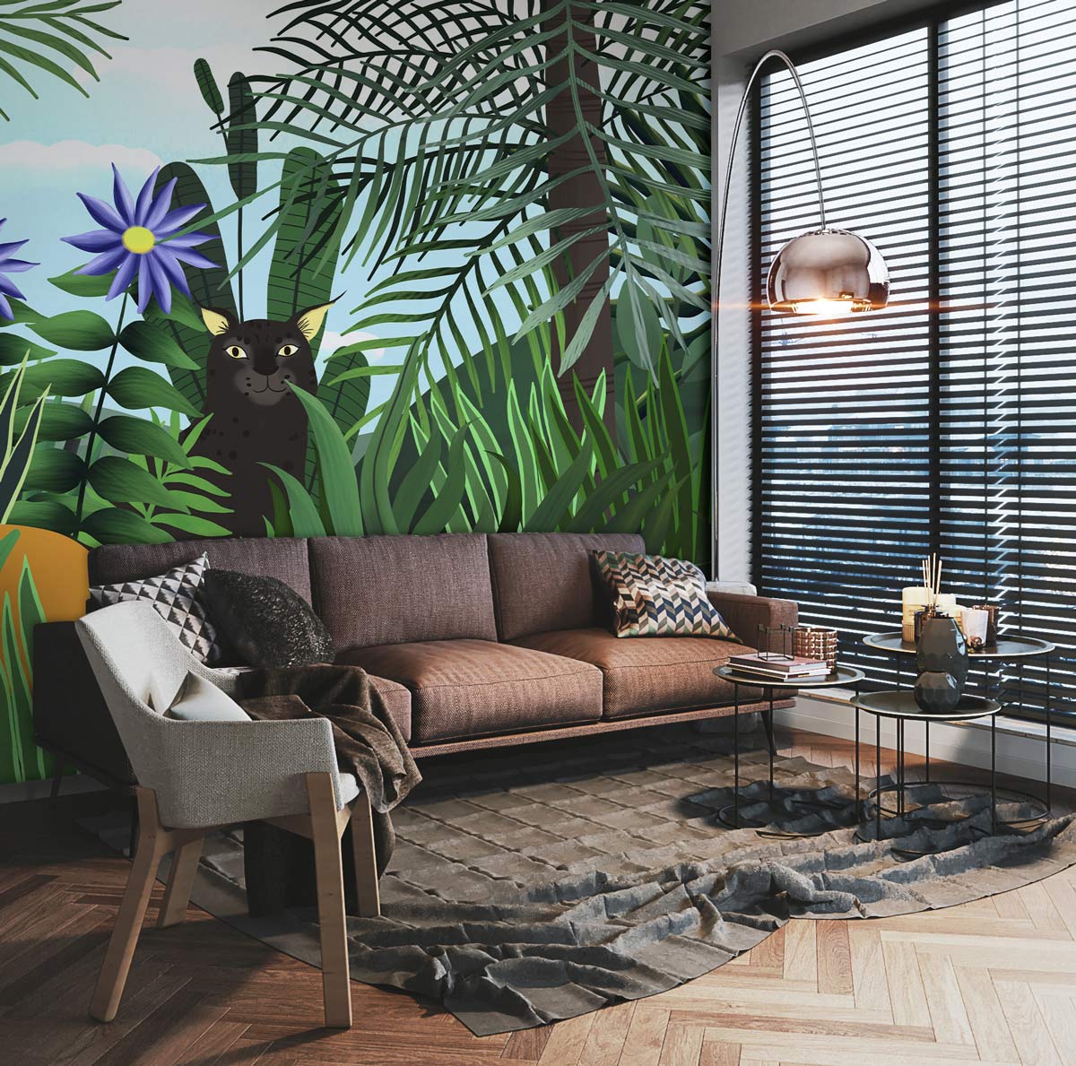 Exotic Jungle Safari Mural Wallpaper with vibrant animals, plush brown sofa, herringbone flooring, modern lamp.