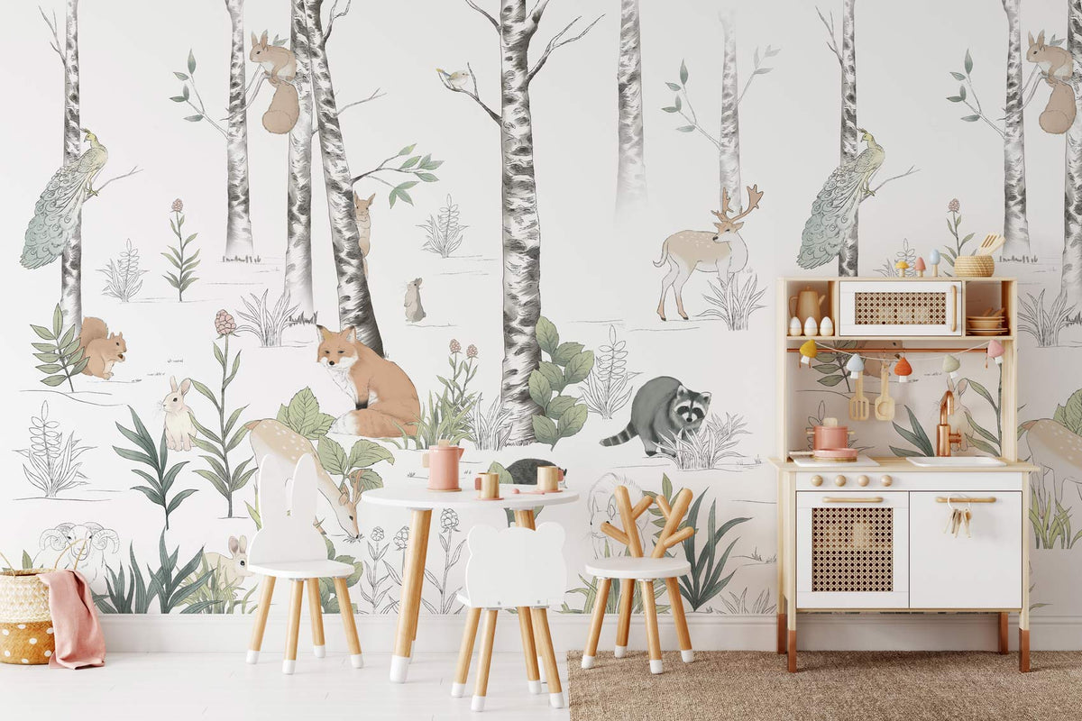 Whimsical Woodland Creatures mural wallpaper, children's room with wooden play kitchen, white furniture, soft pastel decor.