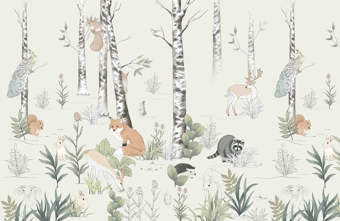 Enchanted Woodland Creatures Mural Wallpaper in Pastel Forest Theme Design