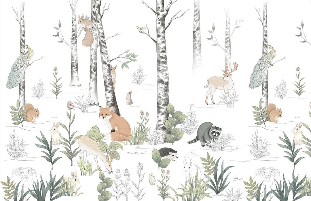 Whimsical Woodland Creatures Mural Wallpaper in Soft Pastel Tones