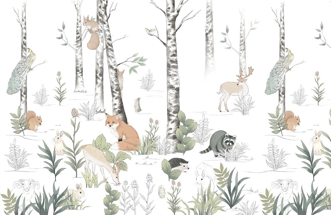 Whimsical Woodland Creatures Mural Wallpaper in Soft Pastel Tones