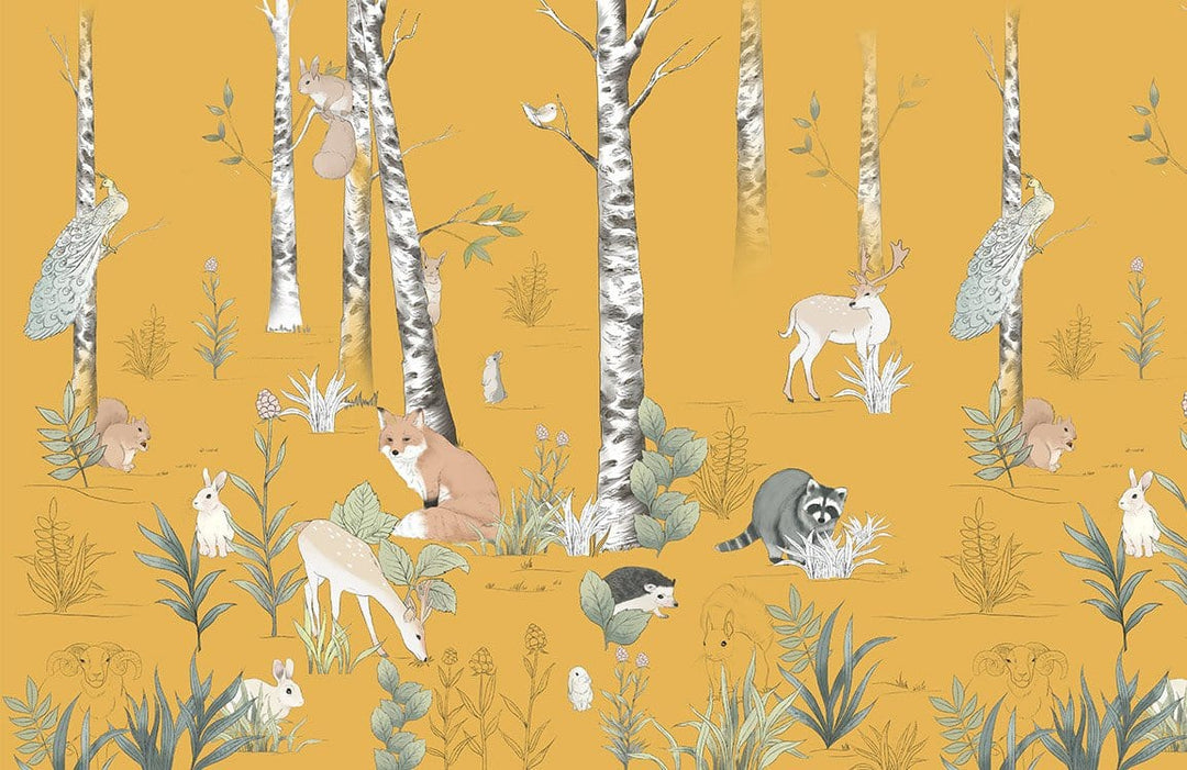 Golden Forest Friends: Whimsical Woodland Animals Wallpaper Mural Design