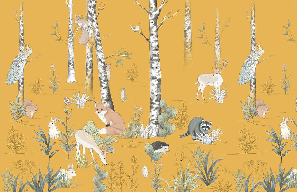 Golden Forest Friends: Whimsical Woodland Animals Wallpaper Mural Design
