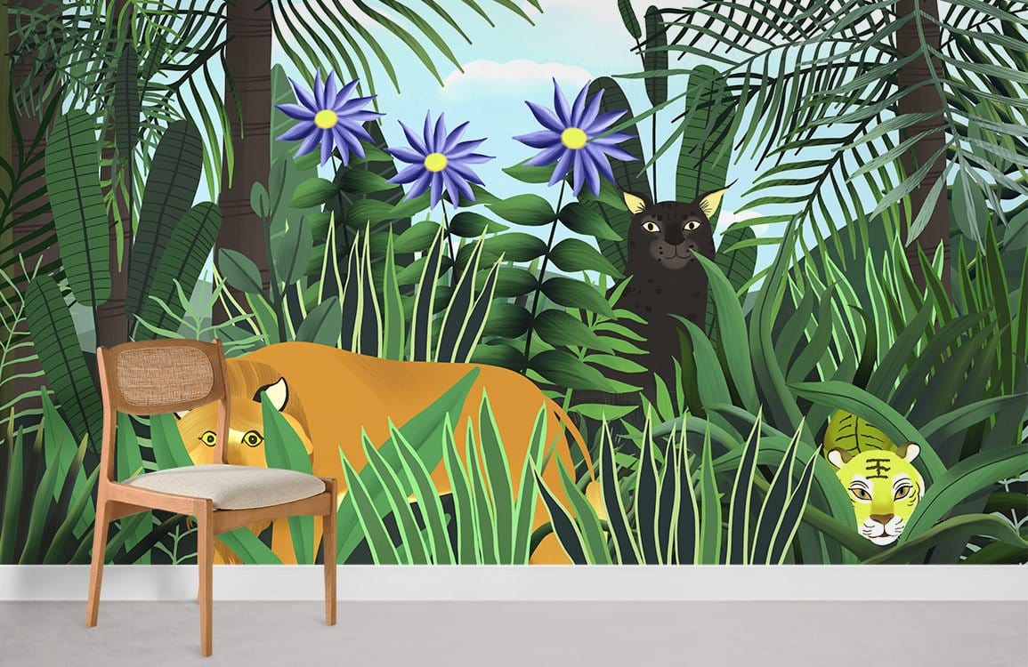 Exotic Jungle Safari Mural Wallpaper with vibrant animals, lush greenery; wooden chair, white wall.