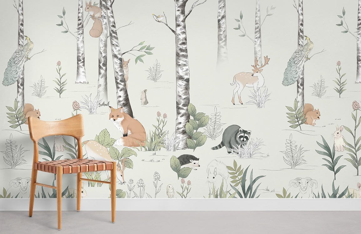 Enchanted Woodland Creatures Mural Wallpaper in pastel forest theme with wooden chair and grey flooring.
