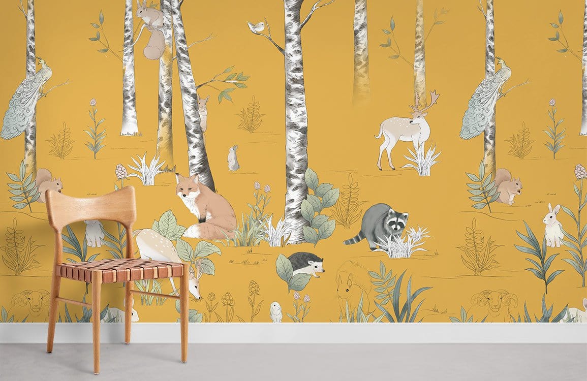 Golden Forest Friends wallpaper mural with whimsical woodland animals; natural wood chair on grey flooring.