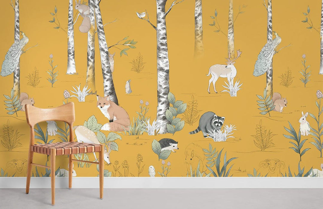 Golden Forest Friends wallpaper mural with whimsical woodland animals; natural wood chair on grey flooring.