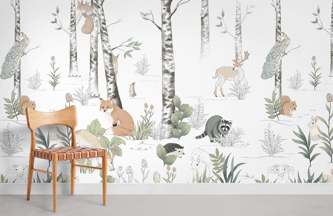 Whimsical woodland mural wallpaper in soft pastels with wooden chair; grey flooring in living room setting.