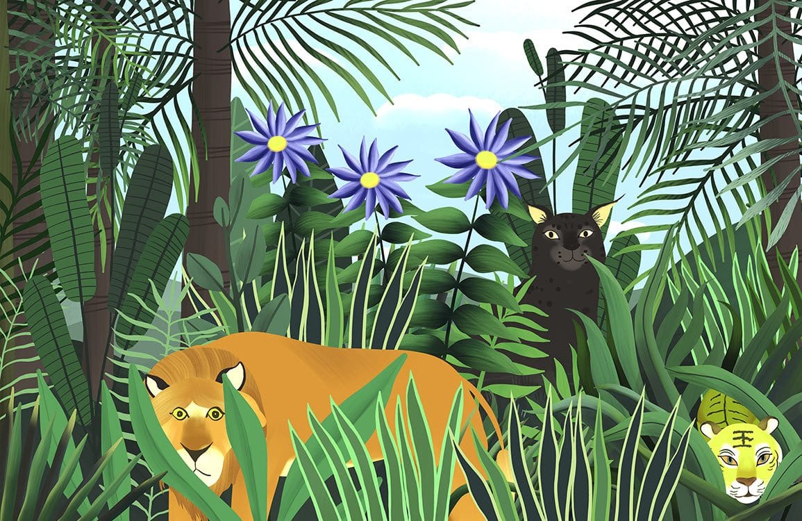Exotic Jungle Safari Mural Wallpaper with Vibrant Animals and Lush Greenery