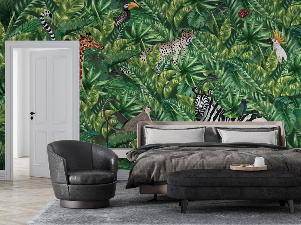 Tropical Jungle Safari Animals wallpaper with lush leaves, dark grey armchair, and plush bed in bedroom.