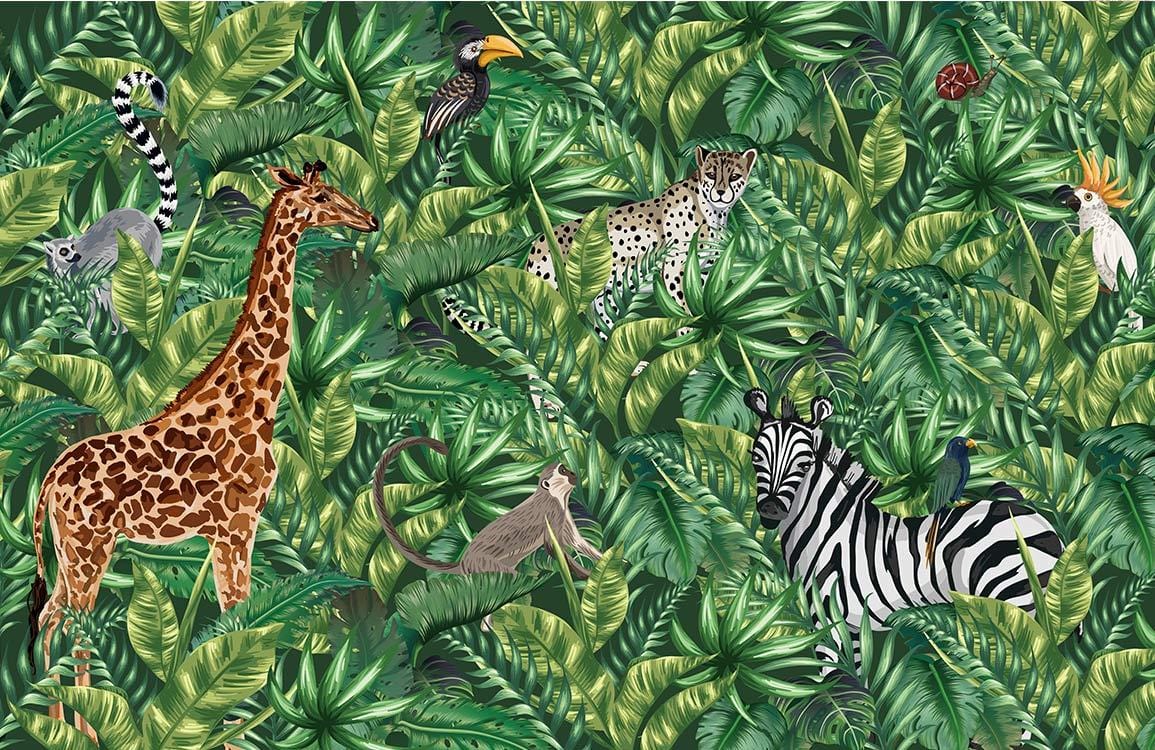 Tropical Jungle Safari Animals Mural Wallpaper in Green and Brown Tones