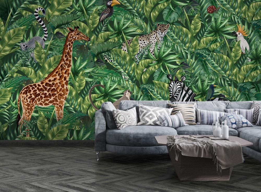 Jungle Animals Wallpaper Mural | Cute Animal & Leaves Wallpaper UK
