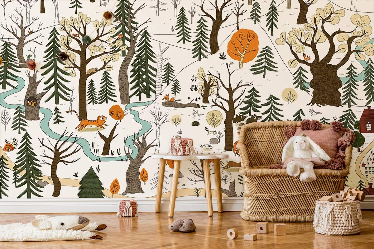 Enchanted Woodland Jungle Tiger Mural in earthy tones, featuring wicker chair, wooden flooring, children's room.