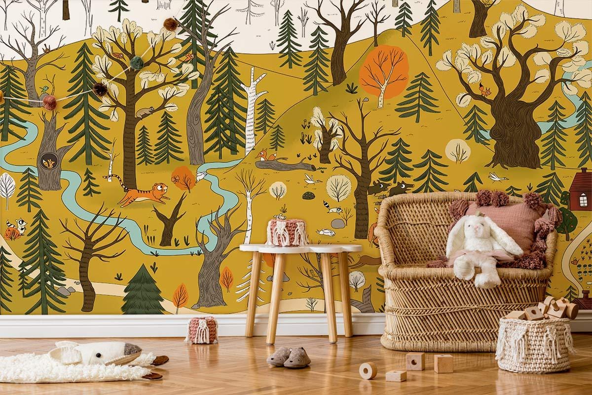 Whimsical woodland mural in kids' room with wicker chair, wooden floor, playful decor, forest scene.