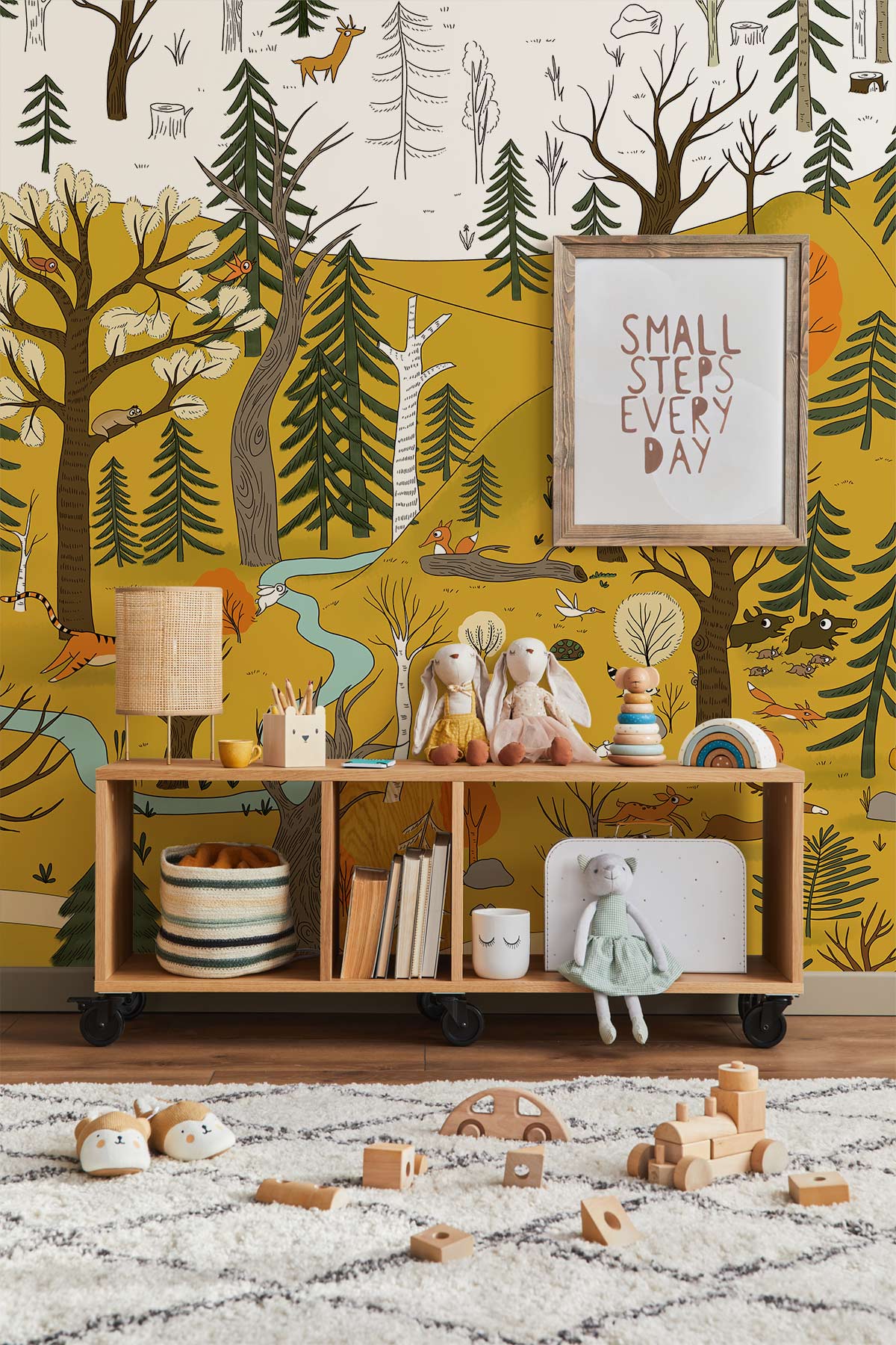 Whimsical Woodland Adventure Mural enhances kids' room with autumn forest scenery and playful decor elements.