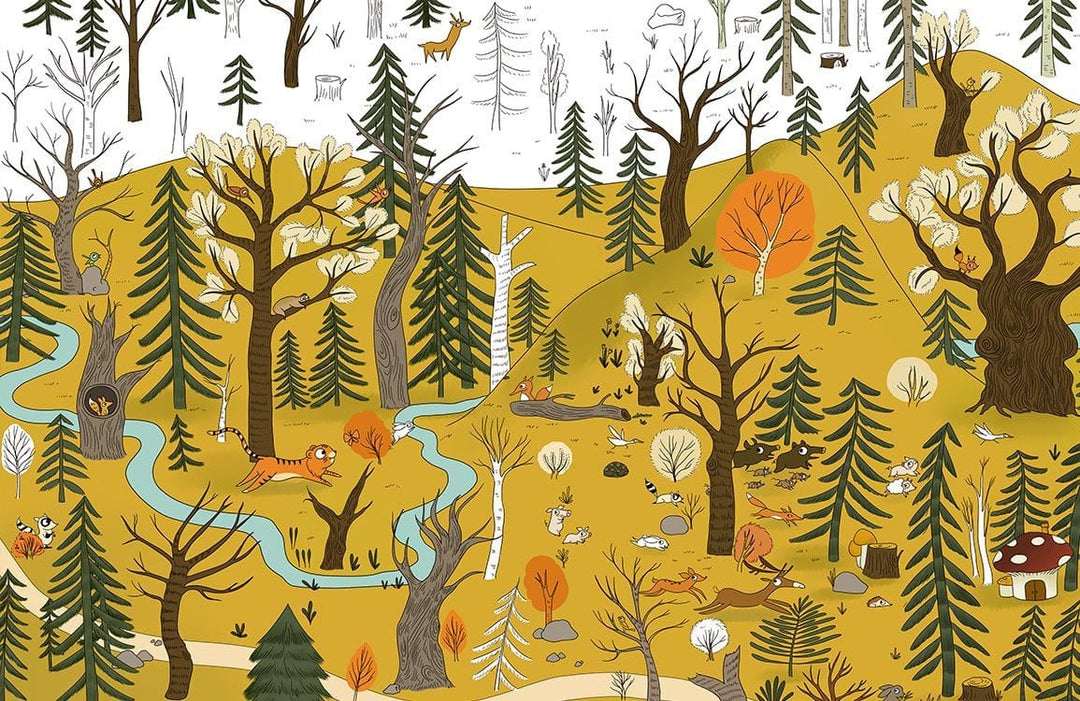 Whimsical Woodland Adventure Mural Wallpaper - Autumn Forest Scene for Kids