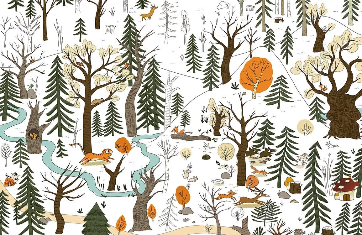 Enchanted Woodland Jungle Tiger Adventure Children's Mural Wallpaper in Earthy Tones