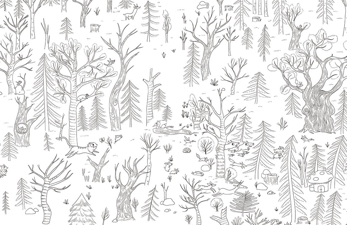 Whimsical Woodland Adventure Black and White Hand-Drawn Forest Wallpaper Mural