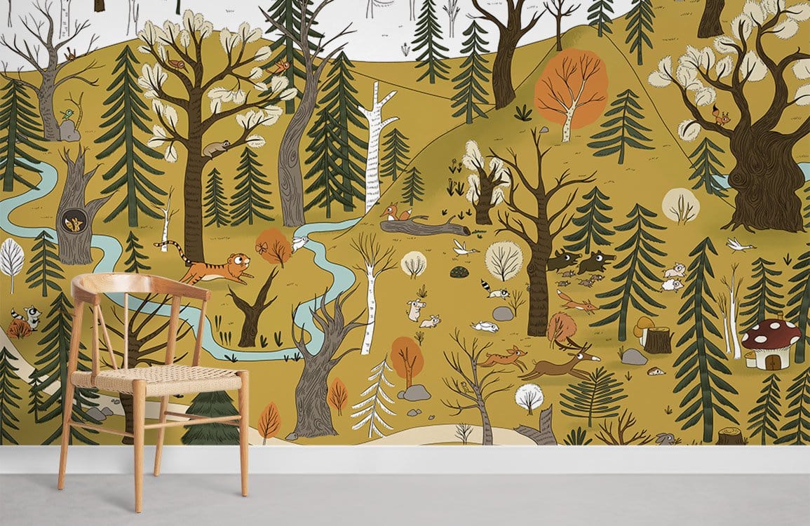 Kids' room featuring Whimsical Woodland Adventure Mural Wallpaper, autumn forest scene, wooden chair, grey floor.