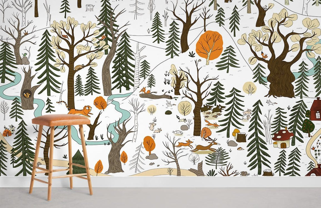 Enchanted Woodland Jungle Tiger mural in earthy tones with wooden stool and grey flooring in playroom.
