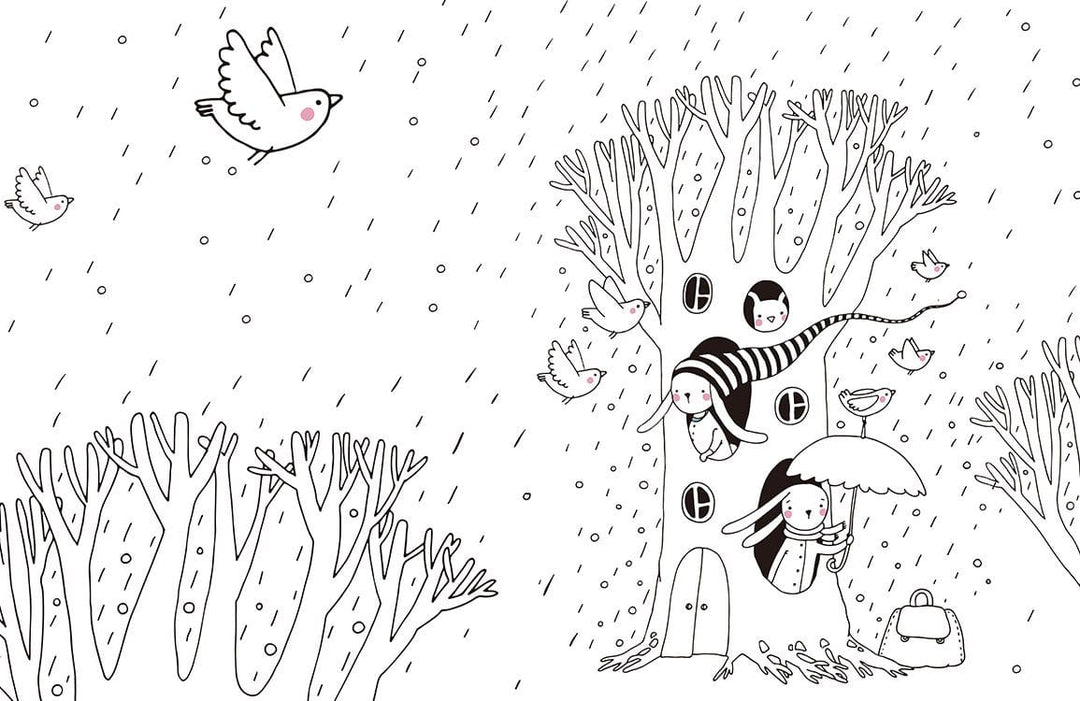 Monochrome Whimsical Winter Forest Children's Mural Wallpaper with Birds