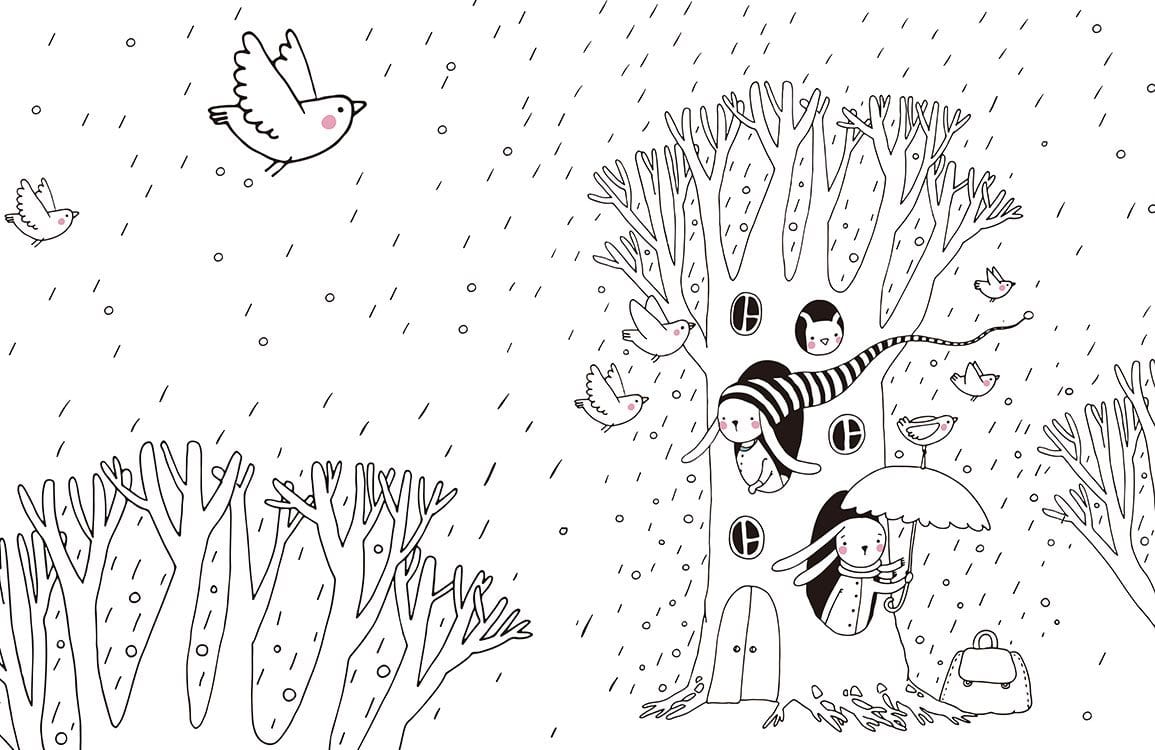 Monochrome Whimsical Winter Forest Children's Mural Wallpaper with Birds