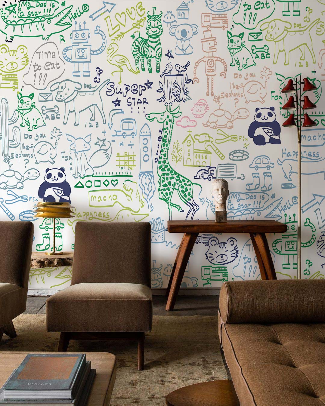 Whimsical Safari Doodle Mural Wallpaper in lounge, featuring colourful animals; brown vintage sofa, wooden flooring.