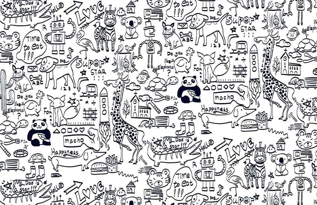 Whimsical Black and White Doodle Animal Pattern Mural Wallpaper Kids Room.