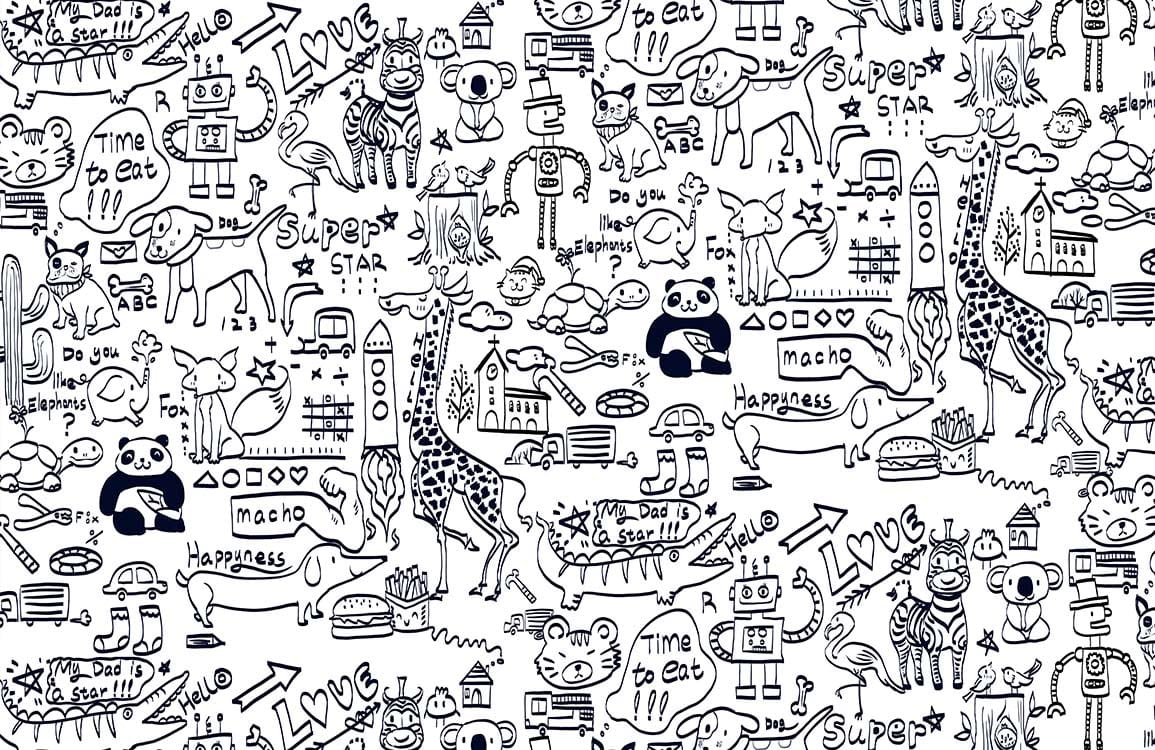 Whimsical Black and White Doodle Animal Pattern Mural Wallpaper Kids Room.