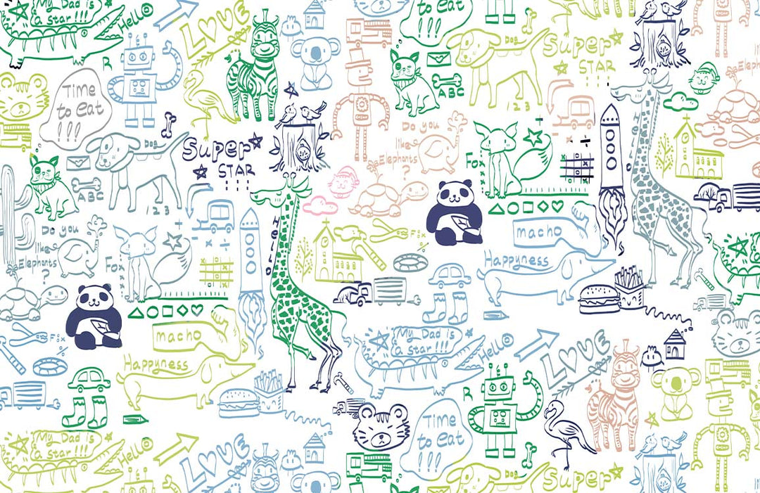 Whimsical Safari Doodle Mural Wallpaper: Colourful Animal Sketch Playground Delight