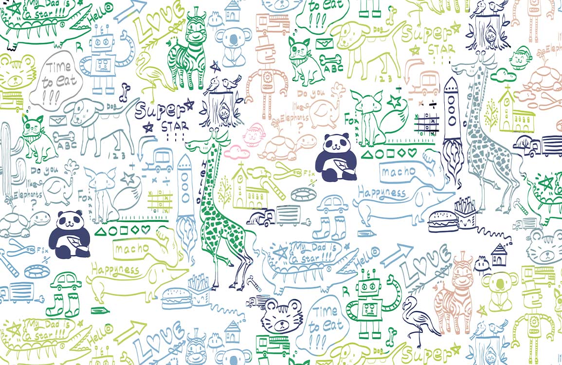 Whimsical Safari Doodle Mural Wallpaper: Colourful Animal Sketch Playground Delight