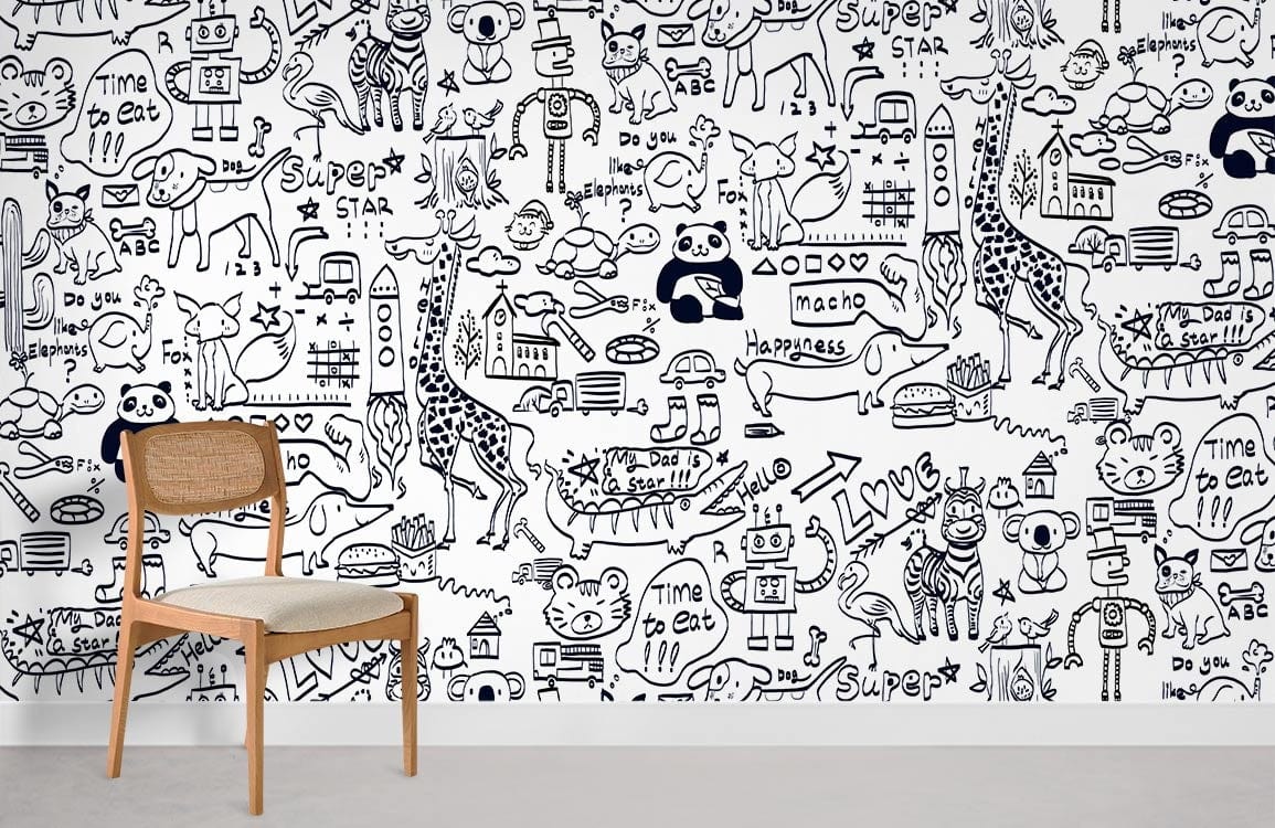 Whimsical doodle animal mural wallpaper in kids' room with wooden chair and light grey flooring.