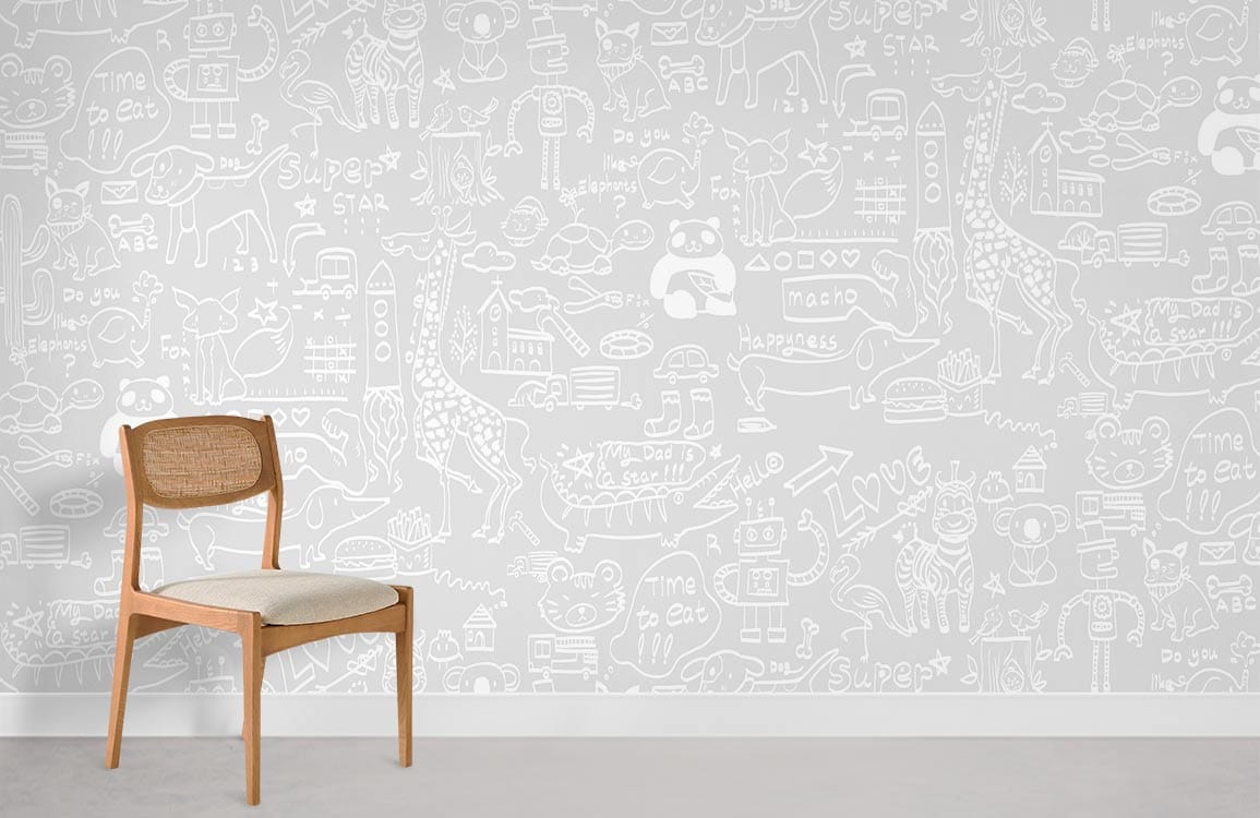 Playful Doodle grey and white children's mural wallpaper, featuring wooden chair on grey flooring.