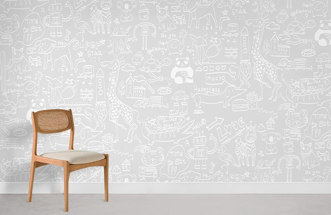 Playful Doodle grey and white children's mural wallpaper, featuring wooden chair on grey flooring.