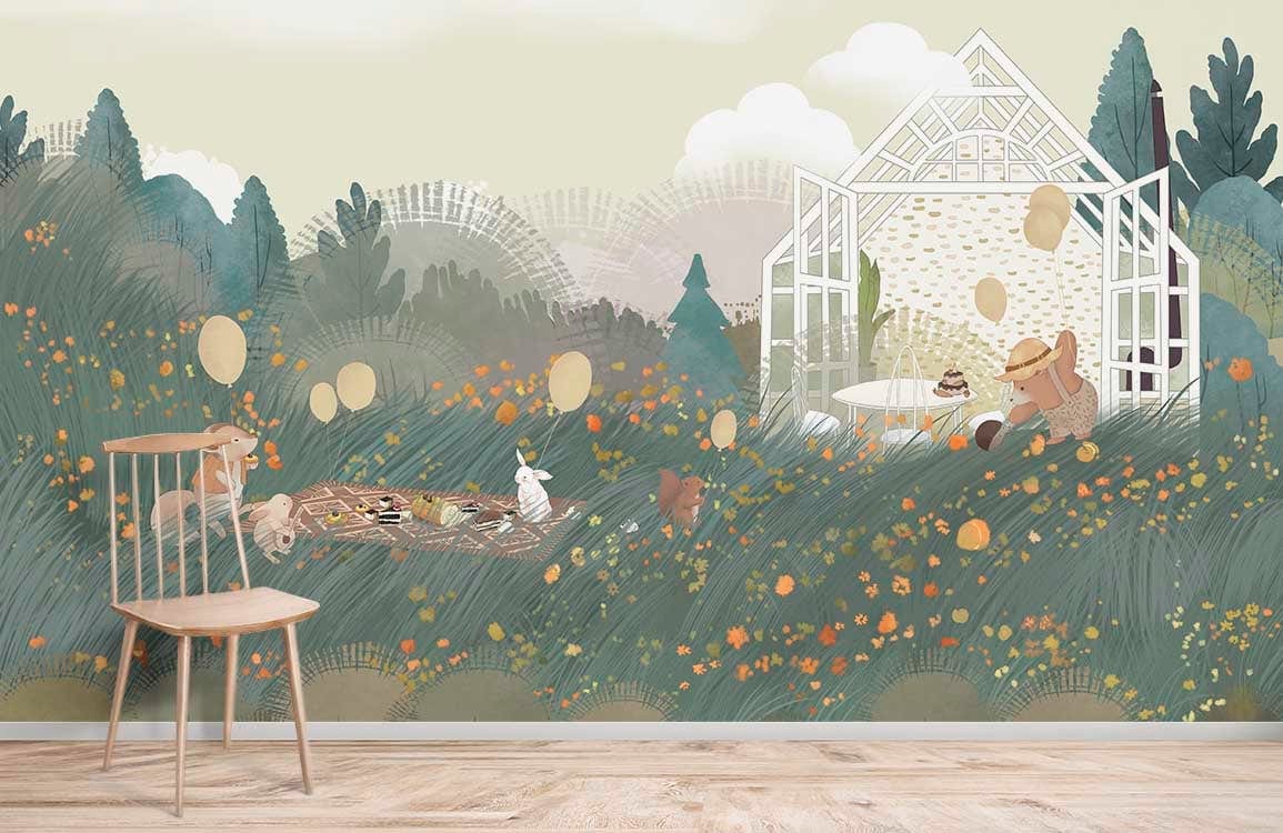 Enchanted Woodland Retreat Mural Wallpaper with chair, wooden flooring, nature scenery in living room.