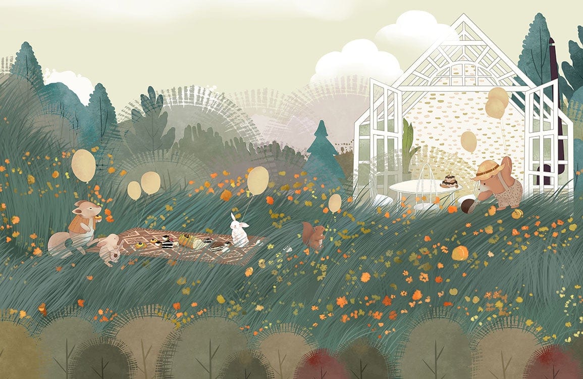 Enchanted Woodland Retreat Mural Wallpaper - Green, Orange and White Bliss