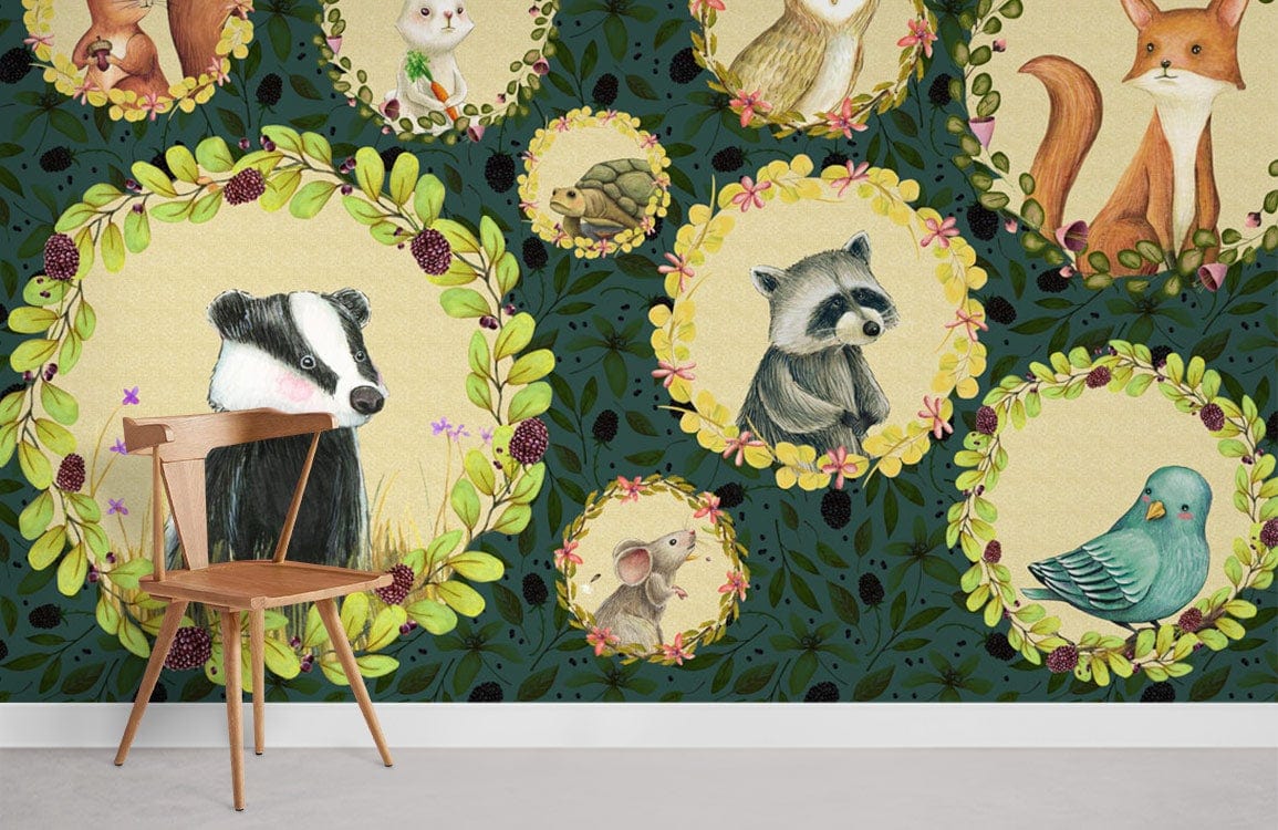 Whimsical woodland creatures mural in child's room with rustic chair, green-themed wallpaper, light flooring.