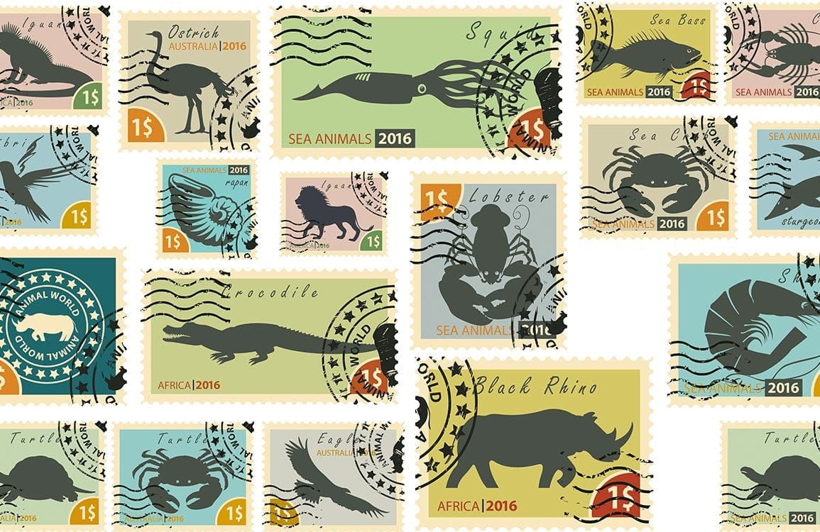 Vintage Animal Stamps Patterned Wallpaper - Colourful Retro Travel Theme Decor